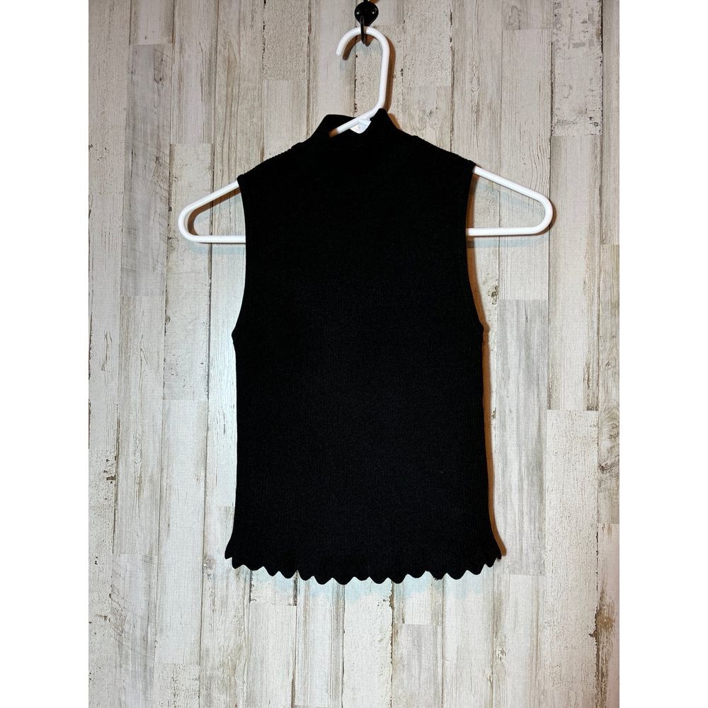 Bar III Womens Mock Neck Scalloped Hem Ribbed Top Size XS Black